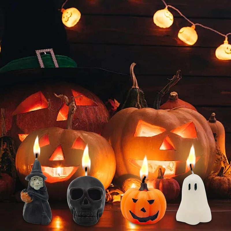 itechpanda 4 PCS Halloween Ghost Candles, Novelty Votive Cute Votive for Fall Decor Thanksgiving, Smokeless Unscented Tealight, Halloween Party, Ghost, Witch, Skull, Pumpkin Candles - Image 5